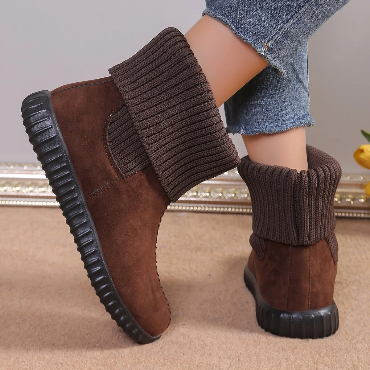 Botas de tornozelo planas com design de malha reversível, moda de inverno, botas de neve confortáveis para mulheres — foto 6