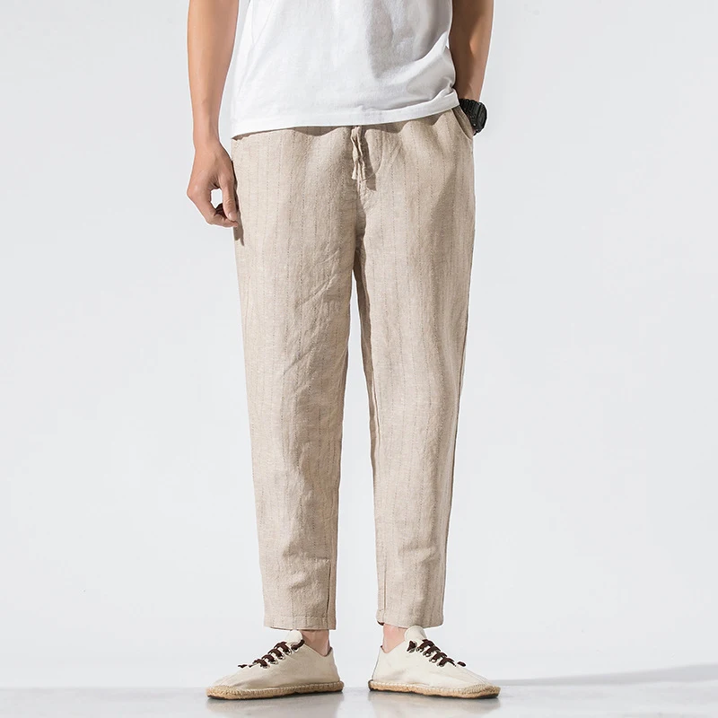 Women's striped linen cropped trousers, cotton linen blend. Lightweight and breathable summer pants. Perfect for casual — photo 7