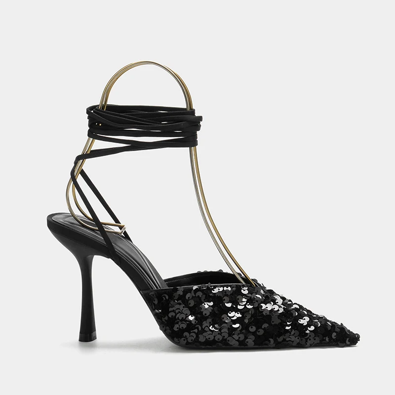 Title 3, Black Sequined Stiletto Strap Toe Pointed Strap...