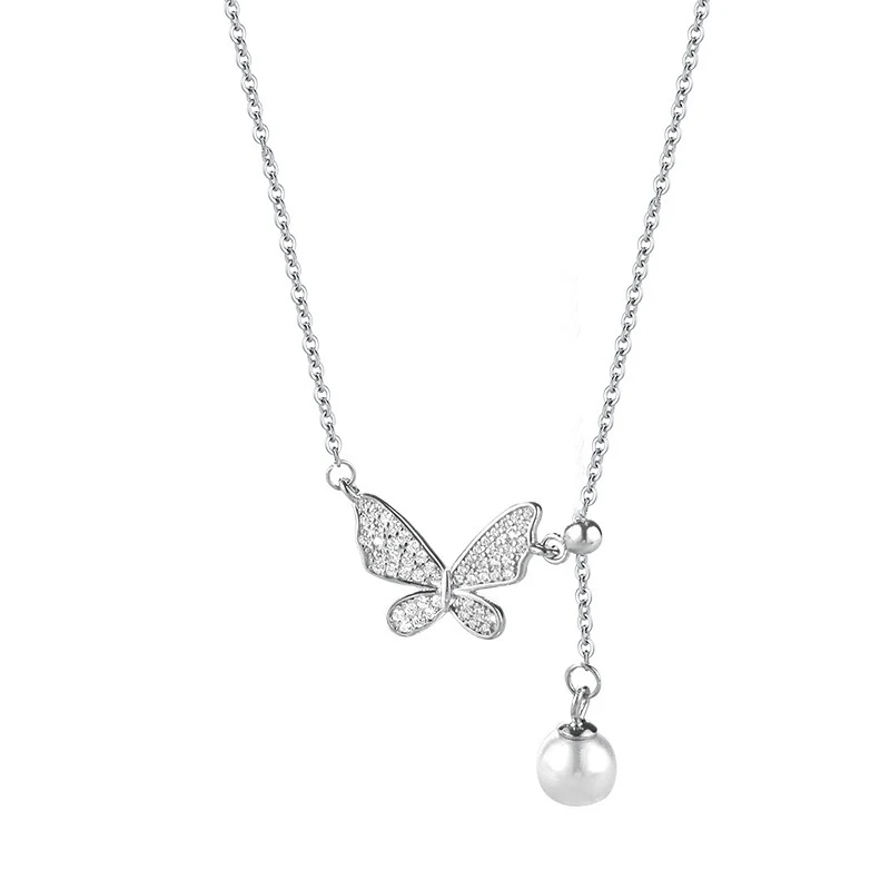 Colar de prata esterlina S925 com pingente de borboleta de pérola e borla para mulheres. Adicione um toque de elegância e beleza ao seu visual. — foto 4