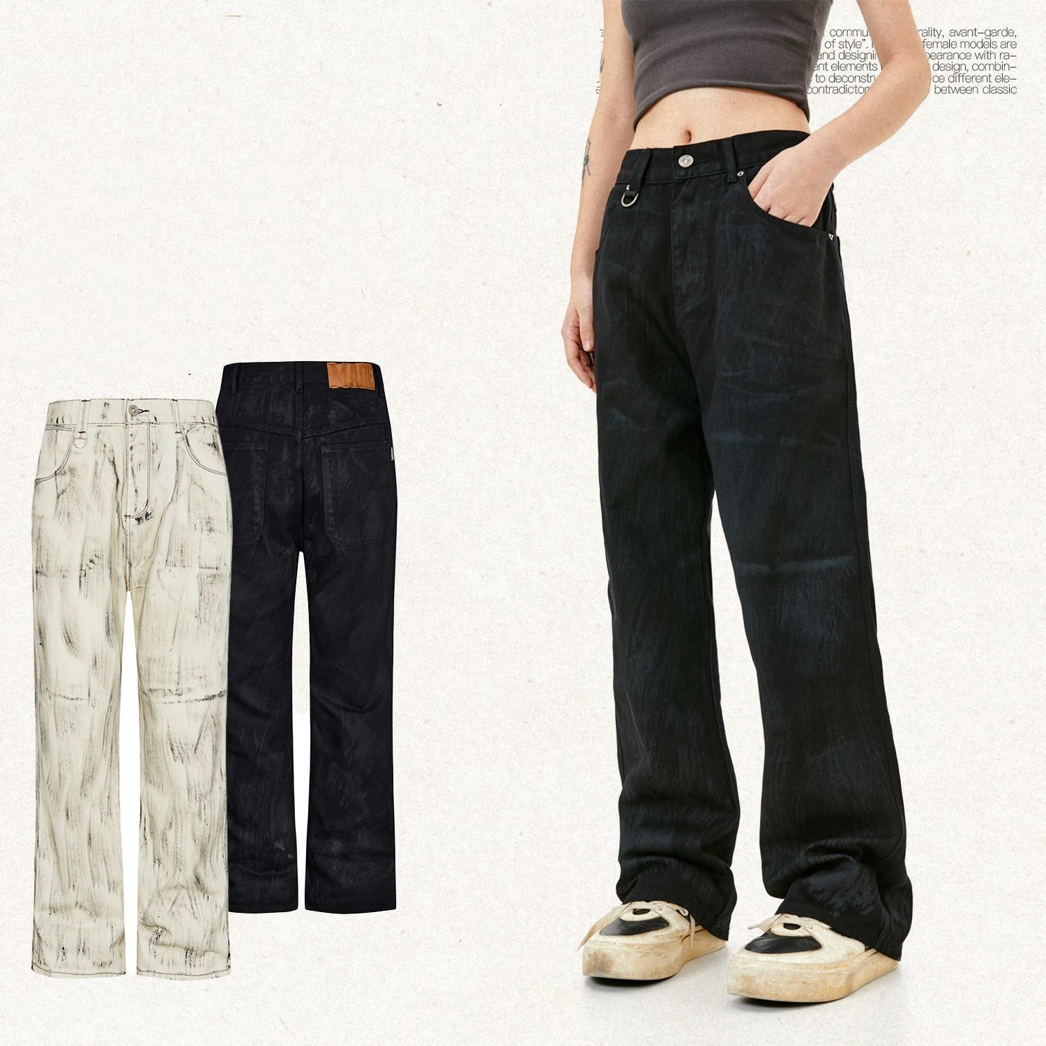 Jeans rectos desgastados con cepillo manual para un look vintage. Cómodos y con estilo, perfectos para un uso diario con un toque único. — foto 2