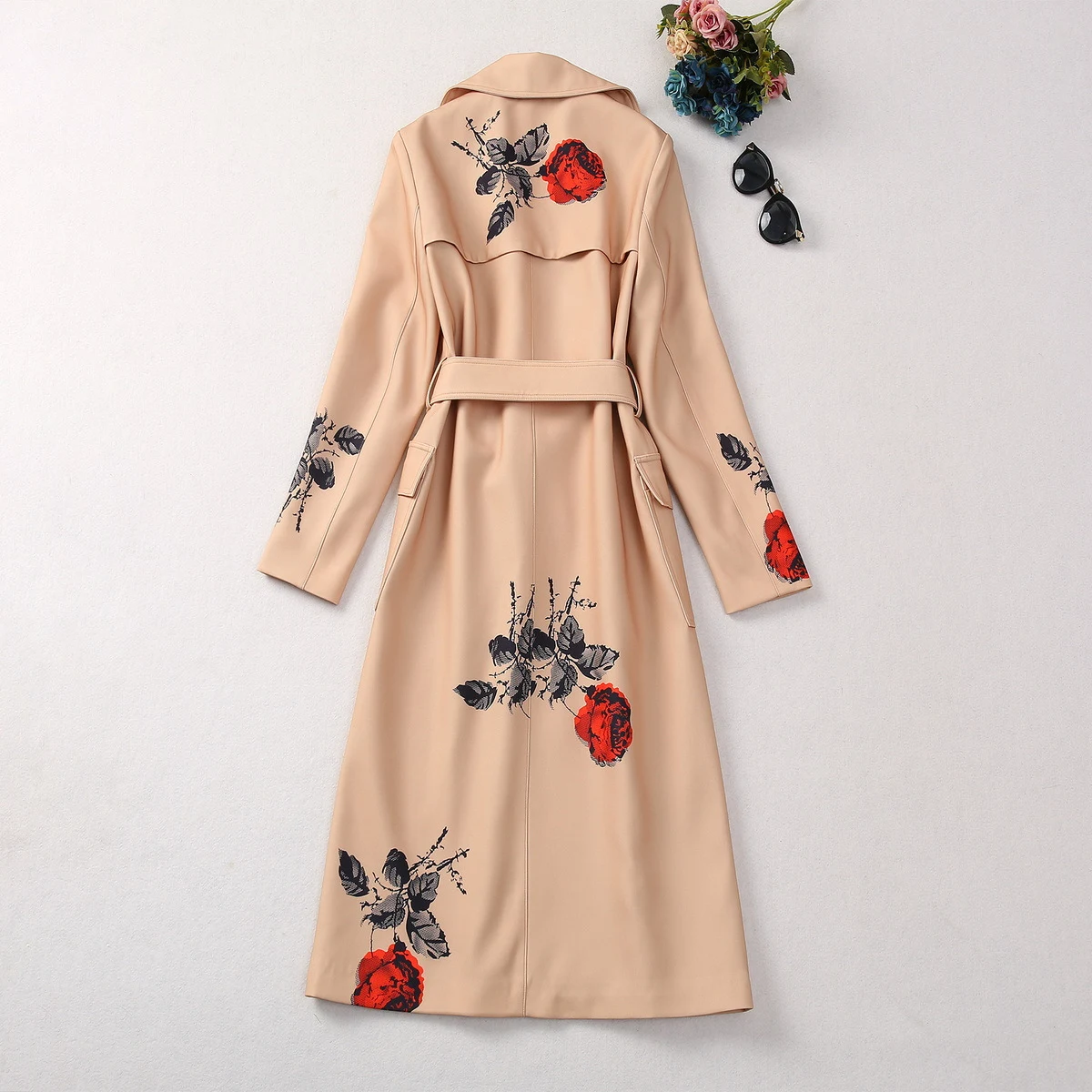 Title 12, Lapel Three-grain Double-breasted Belt Long Tre...
