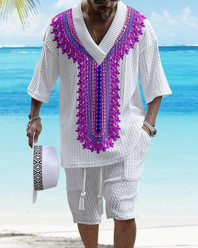 Printed Drop-shoulder Men's Knitted Short-sleeved Shorts Suit, perfect for casual summer wear, offering comfort and a re — photo 6