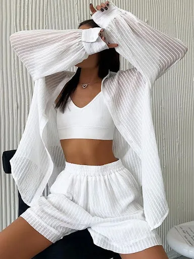 Title 4, Conjunto feminino casual de shorts e cardigan m...