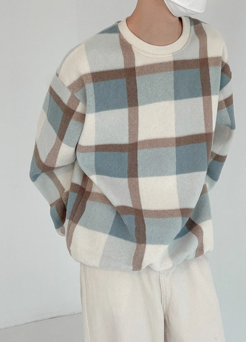 Title 7, Mens Texture Plaid Hoodie, Loose Chunky Crew N...