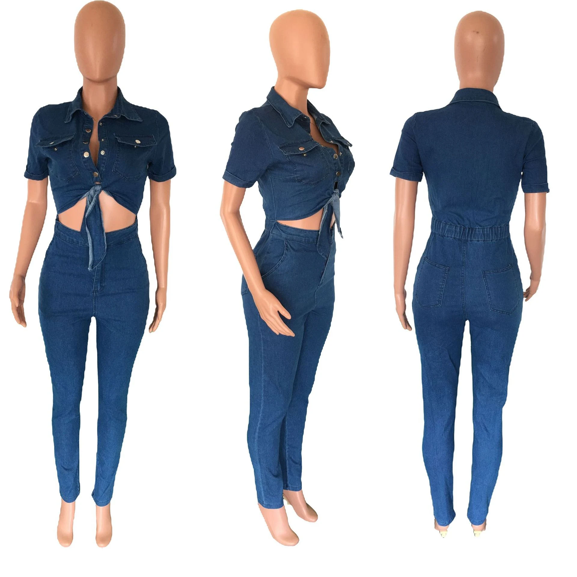 Title 10, Macacão Jeans Slim Fit de Manga Curta para Mulh...