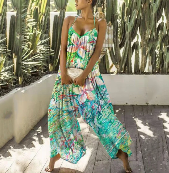 Algodão e linho feminino novo estilo impresso casual solto estilingue calças largas desbotadas — foto 6