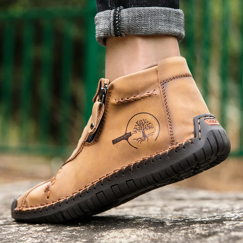 Men's Handmade Boots, Classic Stitching Ankle Boots, Outdoor Casual Zipper Shoes, Durable and Stylish Footwear for Every — photo 8