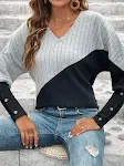 Long Sleeve V-collar Contrast Color Slimming Top — photo 38