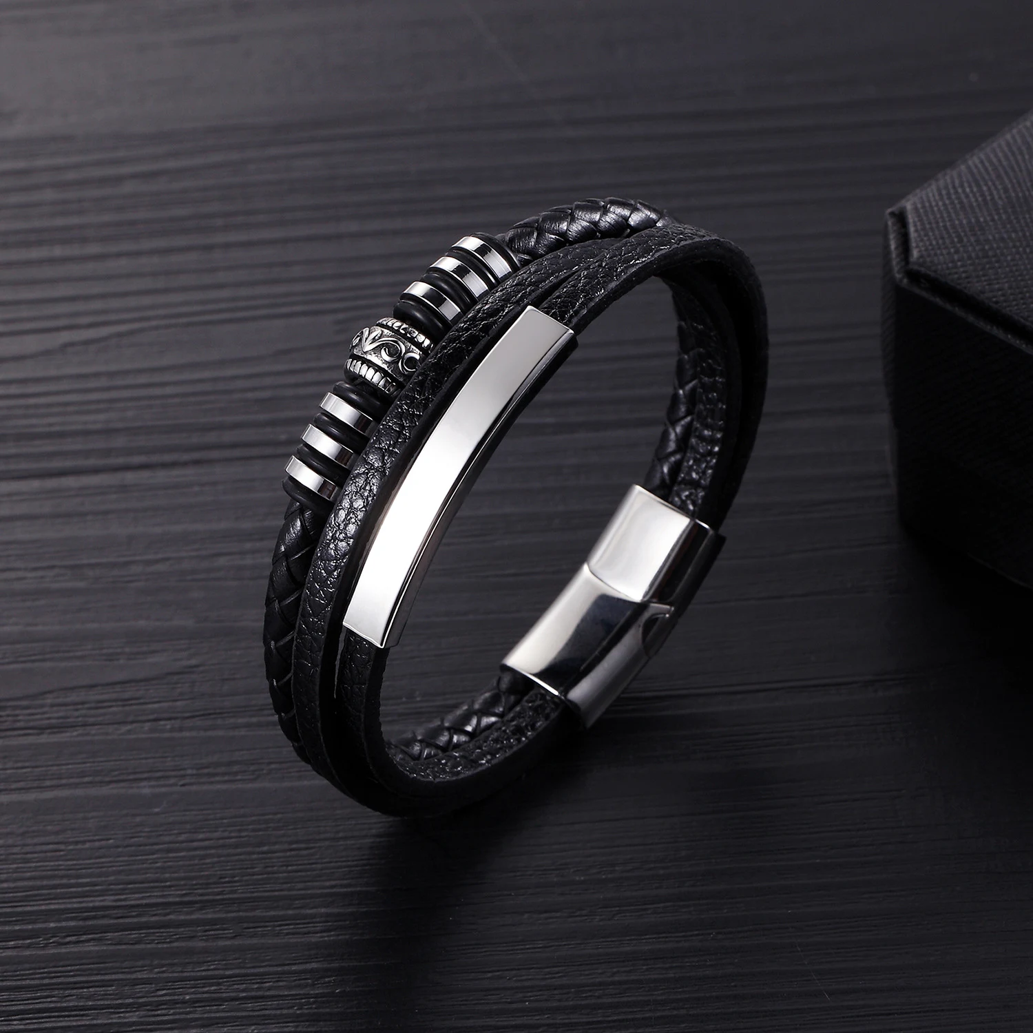 Pulseira masculina de couro de vaca, aço inoxidável, multicamadas, fivela magnética, 8 palavras, moderna. — foto 15