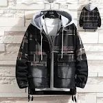 Giacca denim da uomo casual con cappuccio, alla moda. Confortevole, versatile e perfetta per un look informale e alla moda in ogni occasione. — foto 4