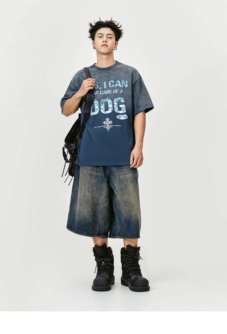 Title 8, Letter Puff Print Short Sleeve Washed Old T-shi...