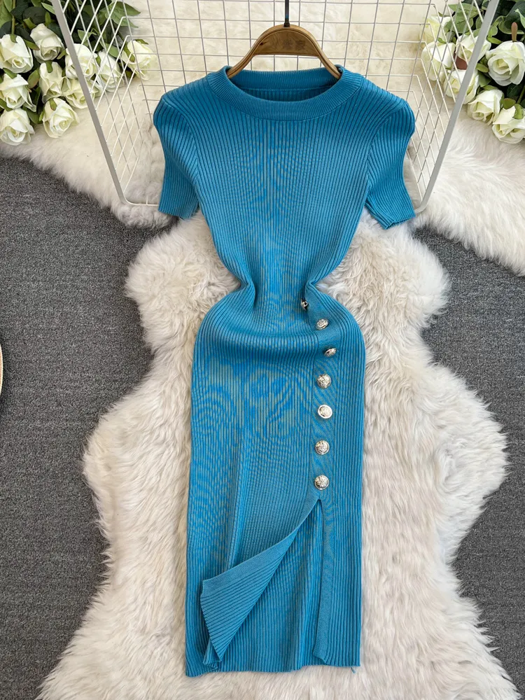 Solid Color Round Neck Breasted Short Sleeve Stretch Knitted Slit Sheath Dress — photo 6