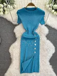Solid Color Round Neck Breasted Short Sleeve Stretch Knitted Slit Sheath Dress — photo 6
