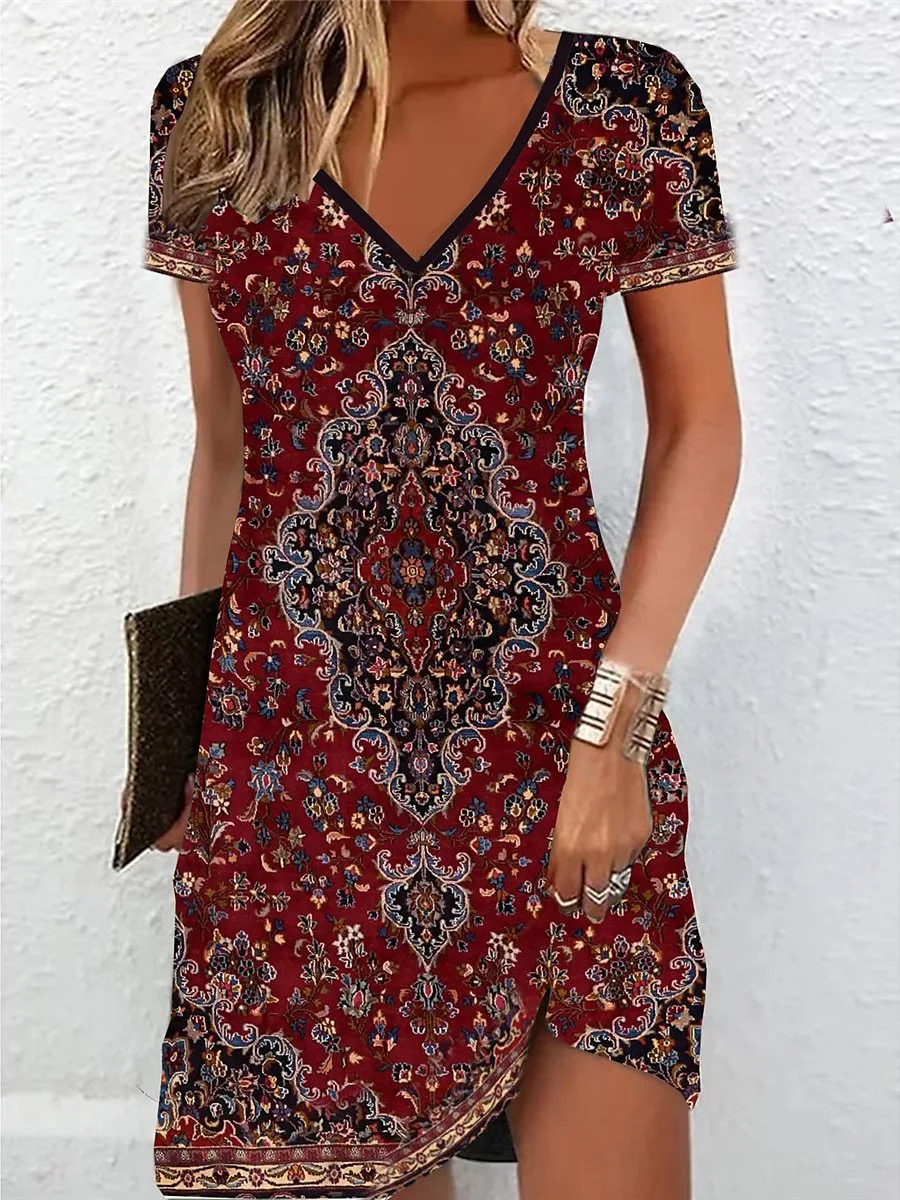 Vestido camiseta feminino estampado decote em V mini vestido moda ativa diário manga curta reparo regular — foto 7