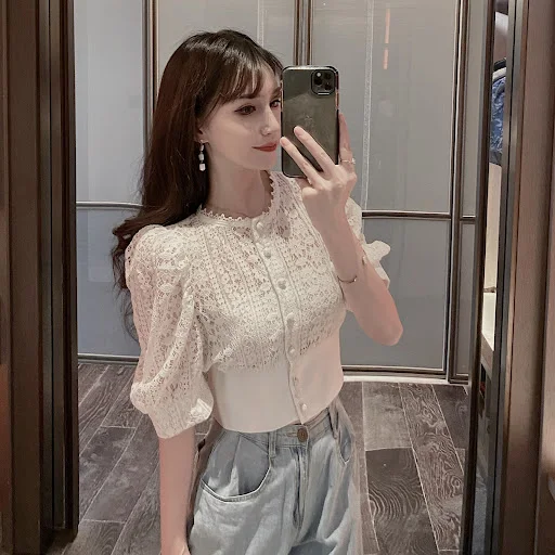 Title 2, Lace Stitching Hollow Short Sleeve Cardigan Top...