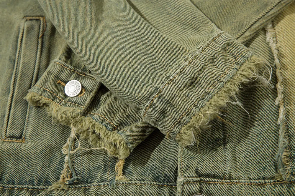 Washed and dyed old cat denim jacket with raw-cut edges, offering a comfortable, casual, and stylish look for everyday w — photo 9