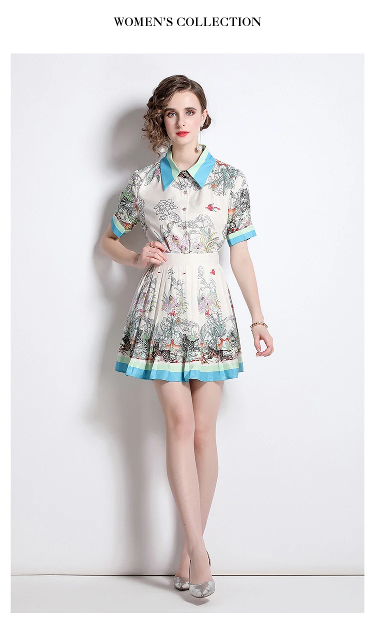 Title 5, Short Sleeve Printed Shirt Pleated Skirt Suit