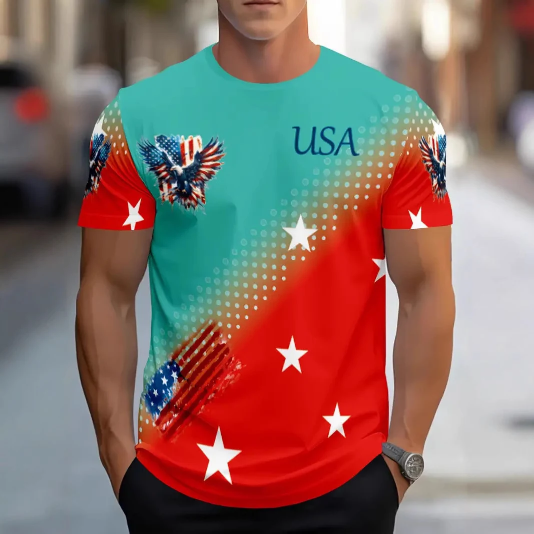 T-shirt Uomo Estate Contrasto Colore Girocollo Poliestere Manica Corta Stampa Leggero e Traspirante per un Comfort Quotidiano — foto 13