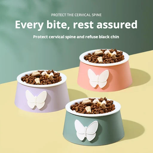 Cartoon cat bowl, cervical vertebra protection, food-grade ceramic dog bowl, butterfly style pet bowl — photo 1