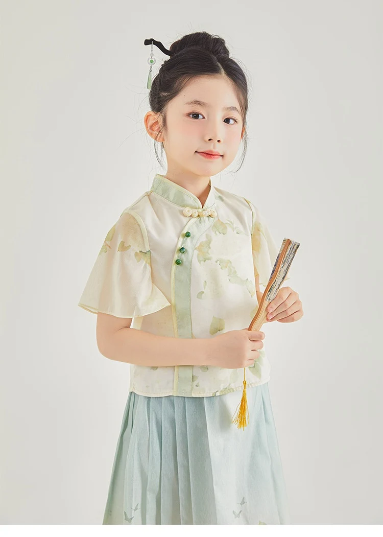 Traditionelles zweiteiliges Set für Mädchen im chinesischen Stil, kurze Ärmel und Pferd-Gesicht-Rock, bequeme Kinderkleidung. — foto 21