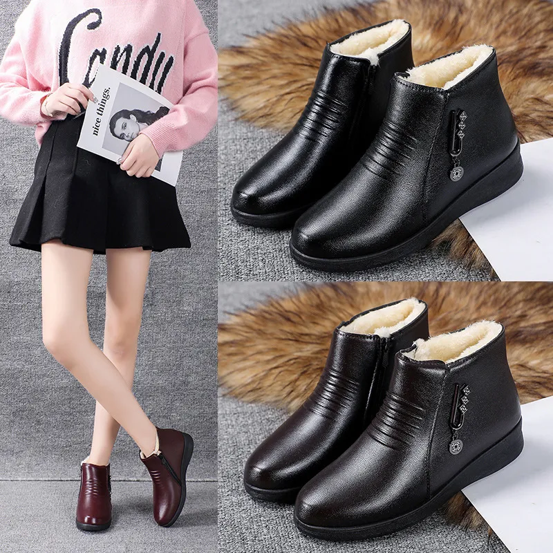 Sapatos de couro forrados com lã para mulheres de meia-idade, acolchoados com algodão, sola reta e design confortável e quente. — foto 5