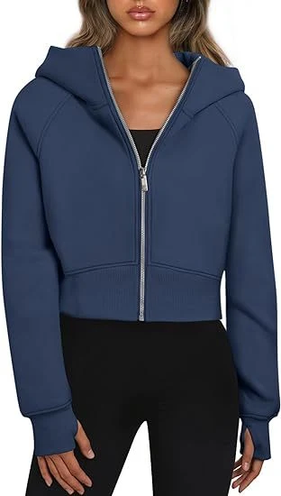 Felpa con cappuccio e zip casual da donna, cardigan sportivo in pile, hoodies alla moda, top corti, abbigliamento femminile per un look sportivo e casual. — foto 5