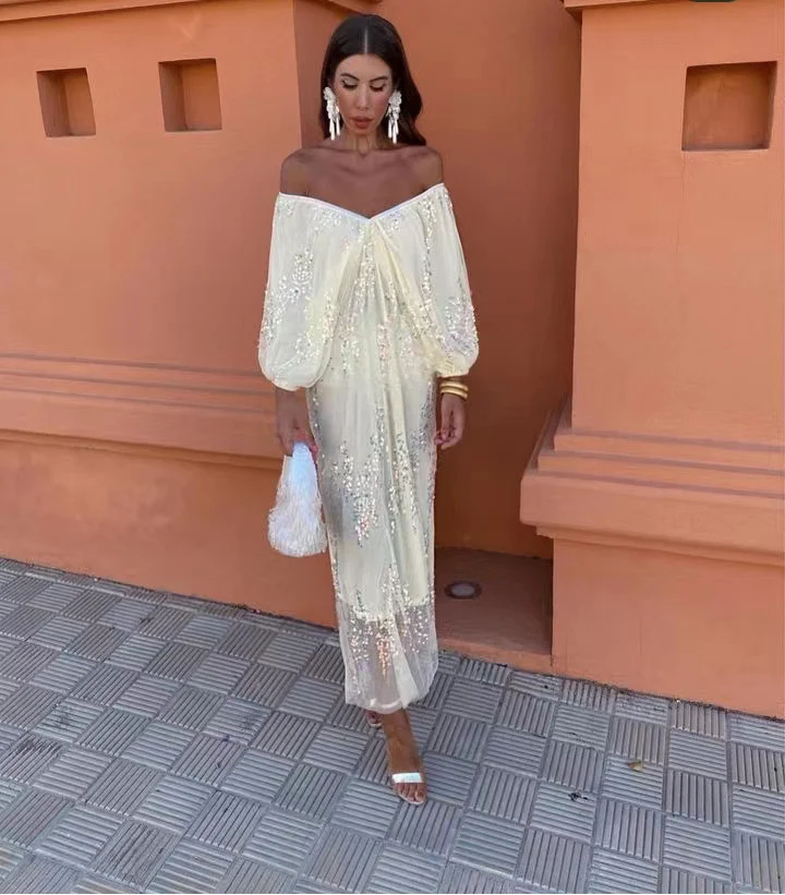 Title 5, Bat Sleeve Sequins Deep V-neck Long Dress 20240345