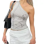 Graues, geometrisches Damen-Top mit schräger Schulter und kurzen Ärmeln, für einen stilvollen und modernen Look. — foto 19