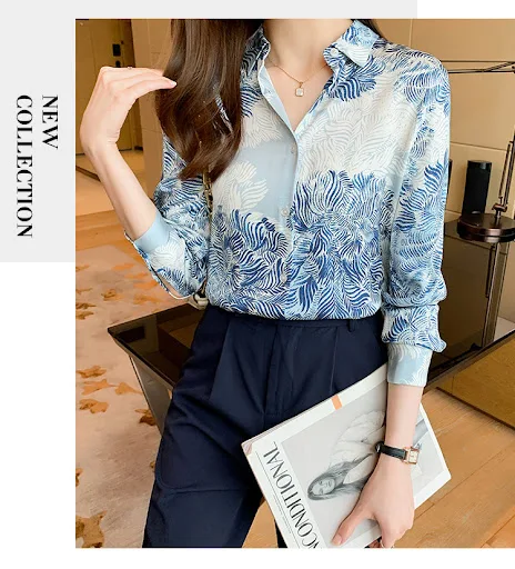 Title 5, Printed Lapel Shirt Long-sleeved Loose Chiffon Top