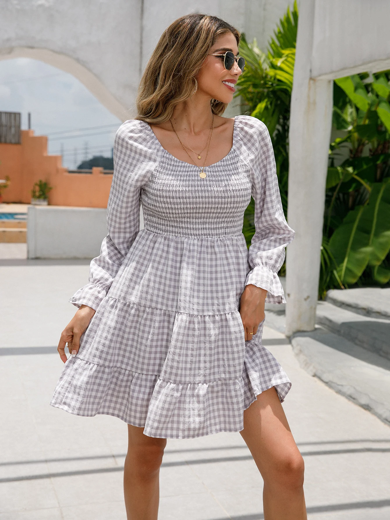 V-neck Smocking Simple Plaid A- Line Solid Color Dress Women — photo 9