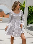 V-neck Smocking Simple Plaid A- Line Solid Color Dress Women — photo 9