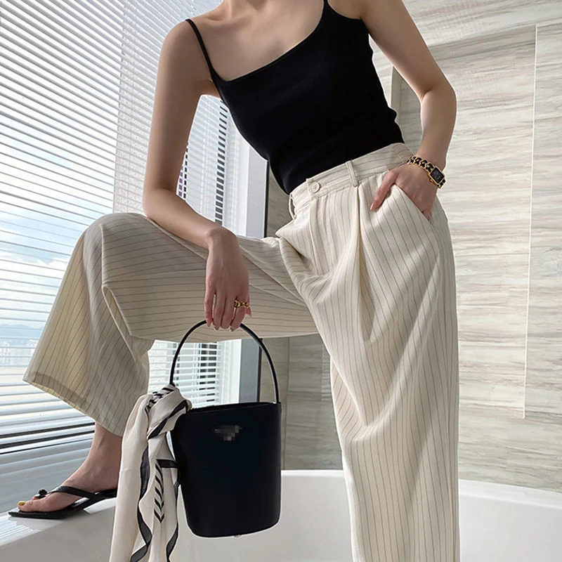Women's Classic Vertical Stripes Suit Pants, High Waist, Loose Fit, Wide Leg, Thin Section Drape Trousers, Perfect for a — photo 1
