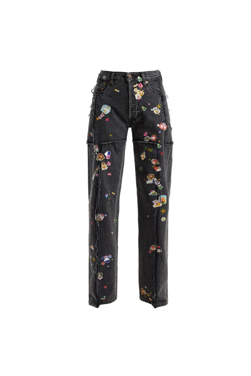 Youth With You 3 Lisa Black Jeans, Heavy Industry style, Small Graffiti, Hot Stamping, Straight Leg. Trendy pants for yo — photo 6