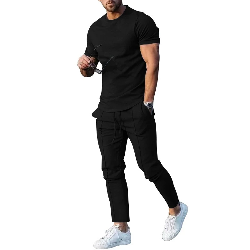 Solid Color Casual Round Neck Short Sleeves T-shirt Trousers Two-piece Set, perfect for everyday wear, comfortable and e — photo 8
