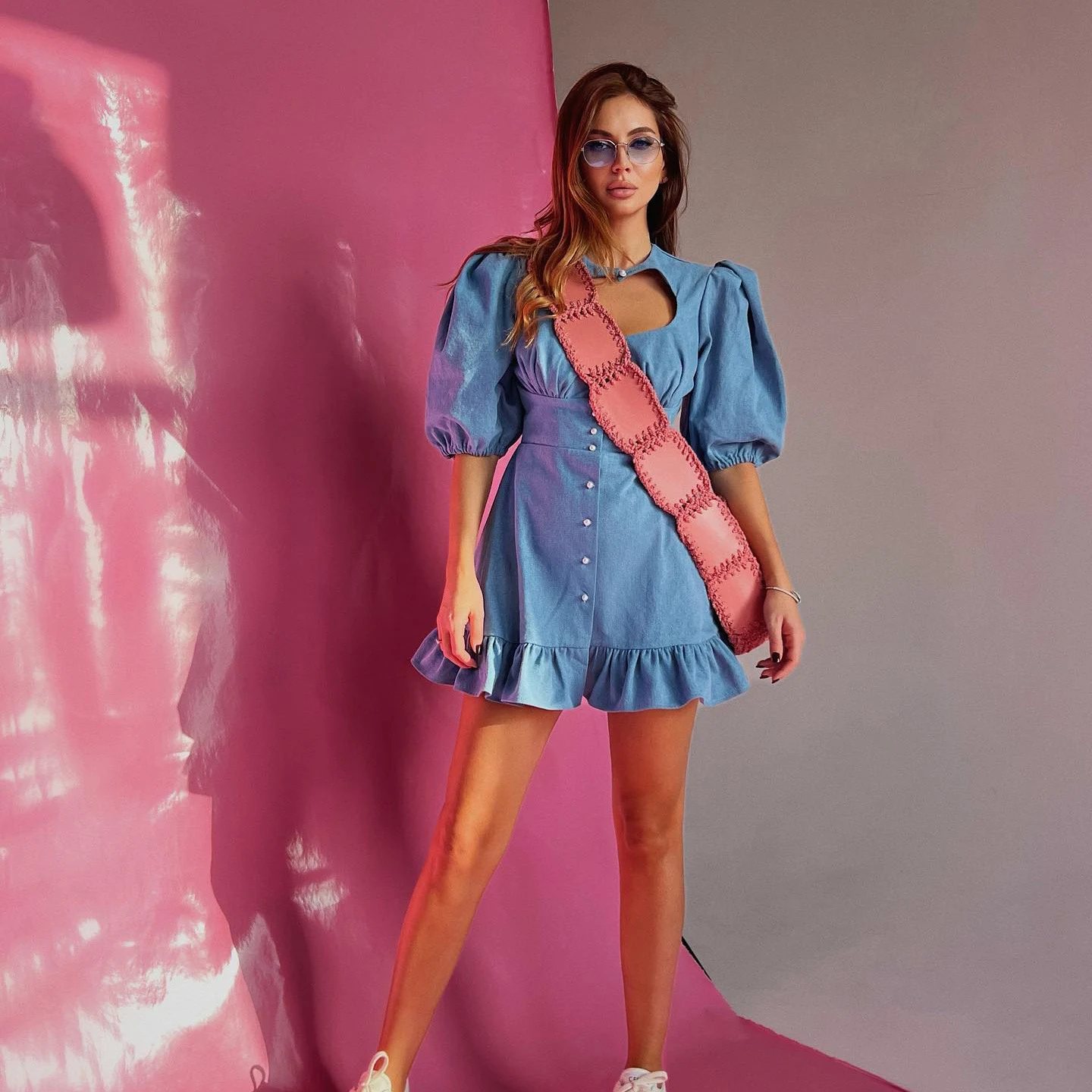 Title 3, Low-cut Washed Blue Cinched Short Dress Women