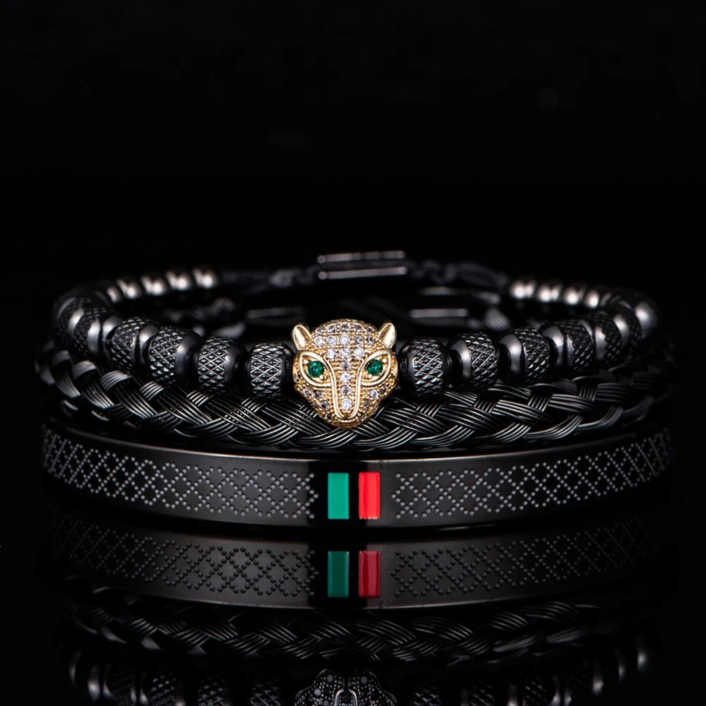 Conjunto de pulseira com cabeça de leopardo microincrustada em aço inoxidável. Adicione um toque selvagem e sofisticado ao seu visual diário. — foto 22