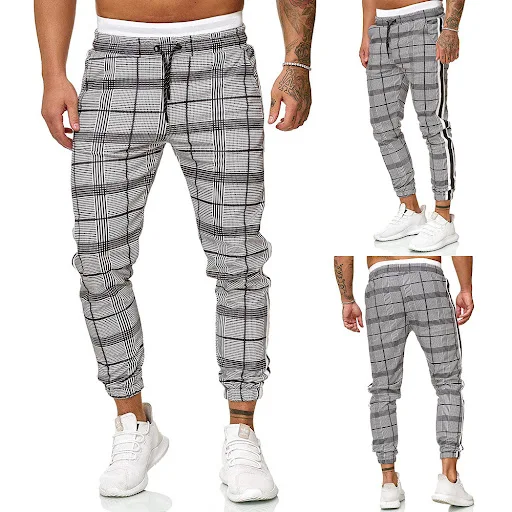 Title 3, Mens Fashion Webbing Stitching Plaid Drawstrin...
