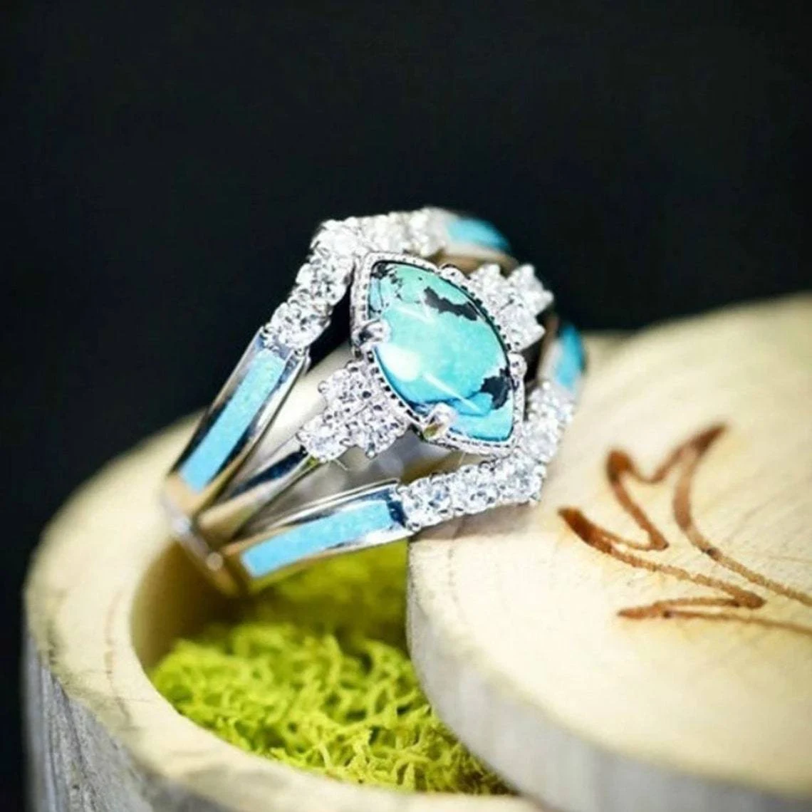 Title 4, Conjunto de Anéis Retro Diamonds Turquesa de tr...
