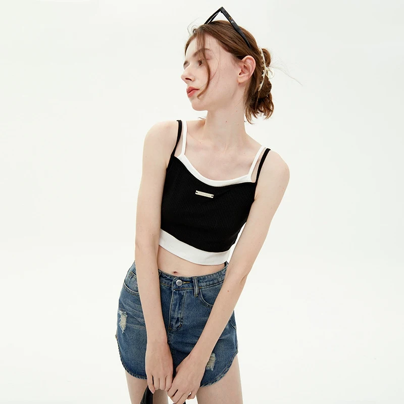 Stitching Contrast Color Design Sense Double-strap Vest Girl Fake Two Pieces — photo 3