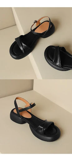 Title 4, Womens Cowhide Sandals Round Toe Thick Mid Hee...