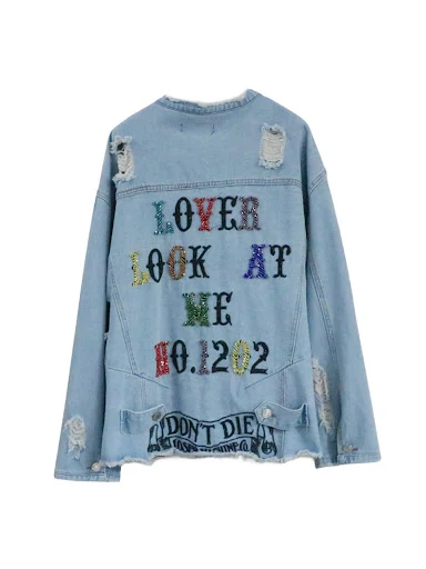 Title 4, Color Sequin Letters Frayed Holes Loose Denim J...