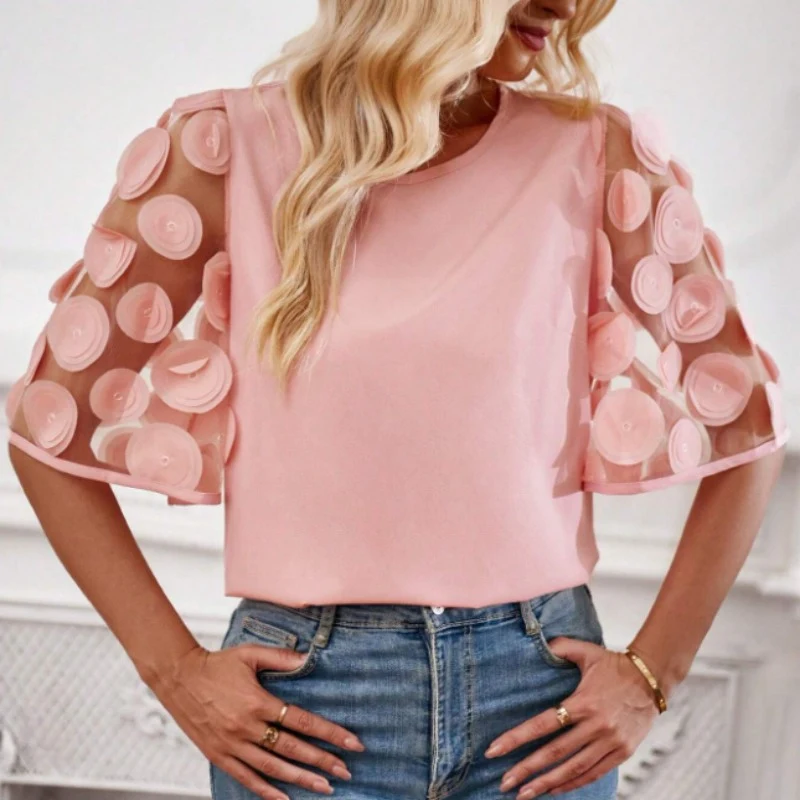 Title 2, Round neck hollow-out short-sleeved shirt casua...