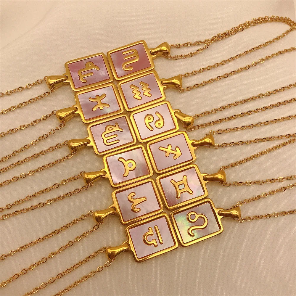 Colar com placa quadrada de runas das doze constelações coloridas, um acessório estiloso que expressa seu signo do zodíaco e personalidade. — foto 7