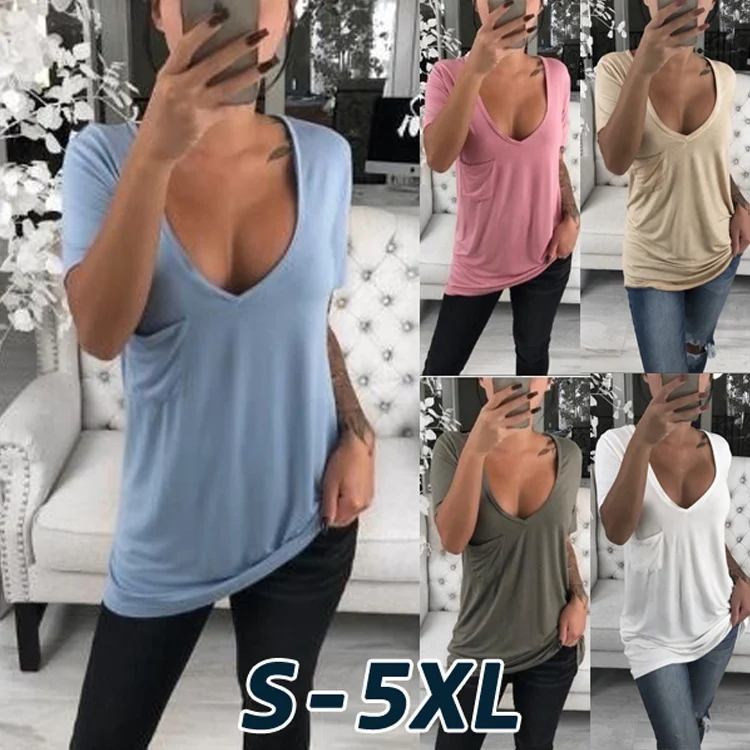 Camiseta feminina casual de cor sólida com decote em V e bolso no peito, ideal para uso diário, confortável, leve e perfeita para diversas ocasiões. — foto 1