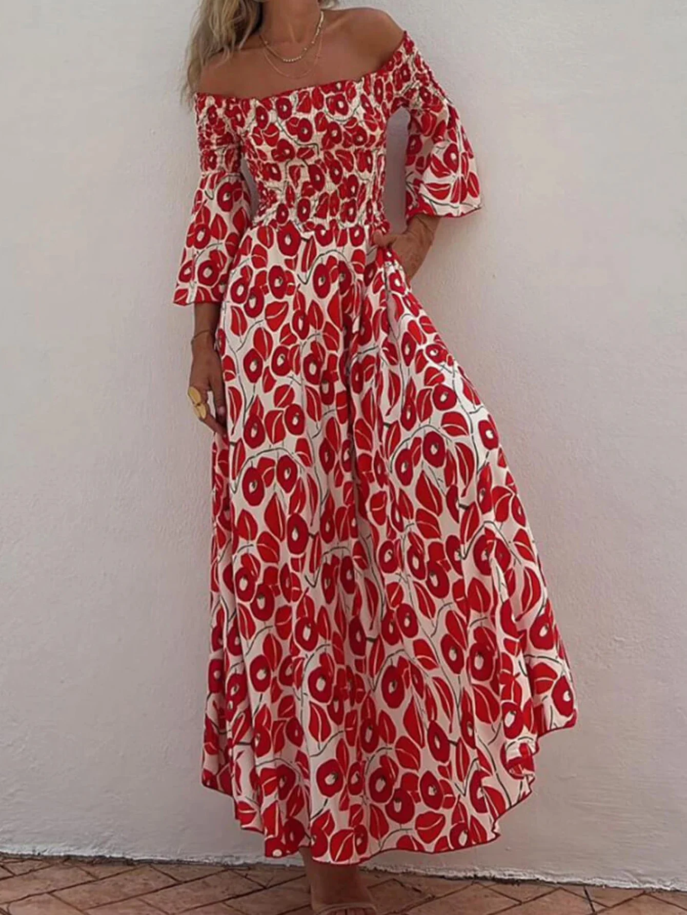 Title 2, Floral Pleated Off-the-shoulder Pocket Long Dress