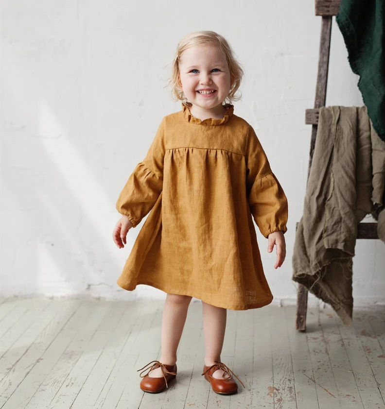 Vestido longo de outono para meninas, algodão e linho, cor sólida, manga longa, confortável e elegante para o dia a dia. — foto 14