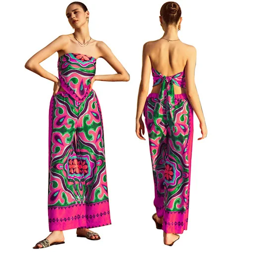 Title 2, Printed Tube Top Apron Trousers Suit
