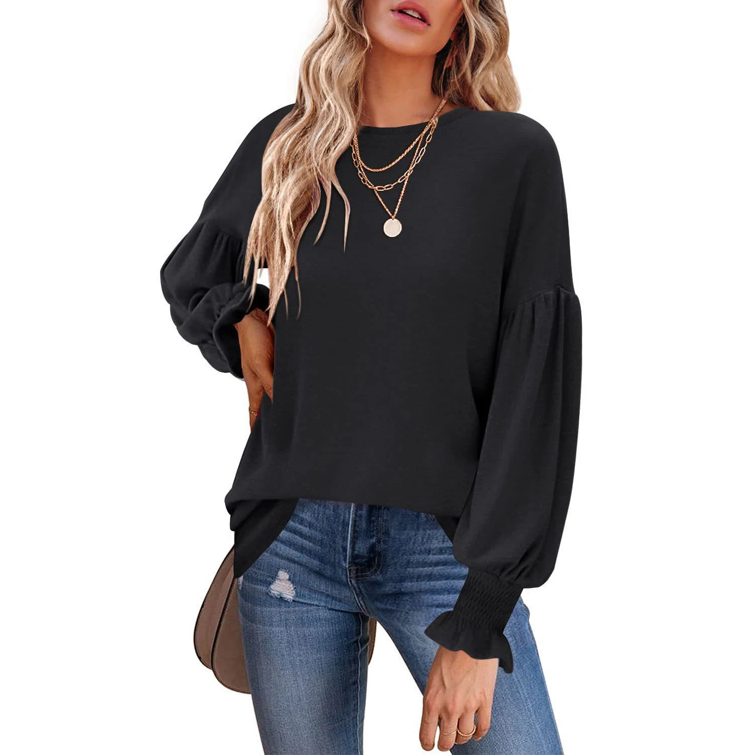 Women's Tops Amazon Round Neck Pleated Lantern Sleeve Women's Long European And American T-shirt — photo 27
