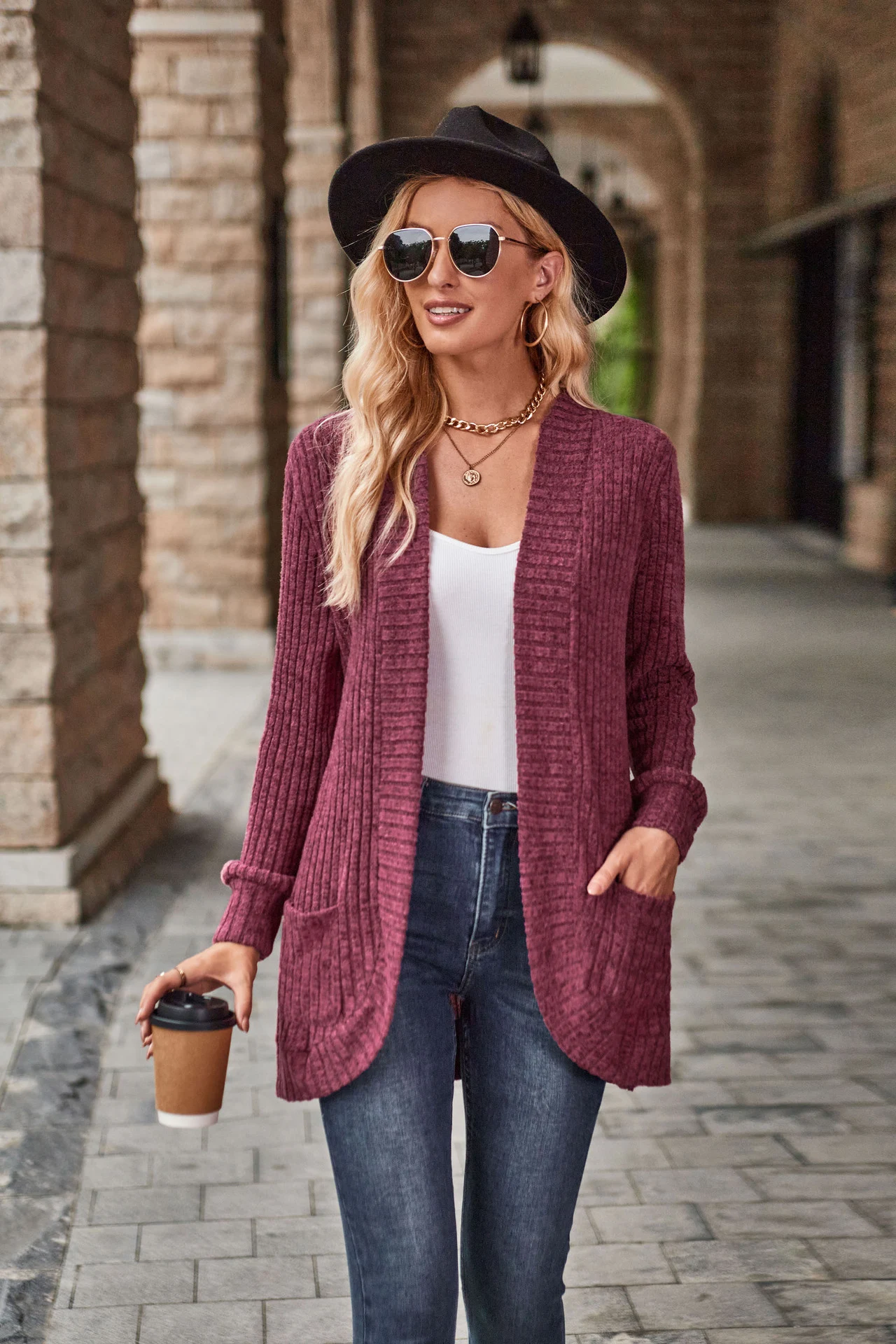 Herfst effen kleur cardigan met verzonken strepen, geborstelde stiksels en lange mouwen, een warme jas voor de herfst. — foto 27